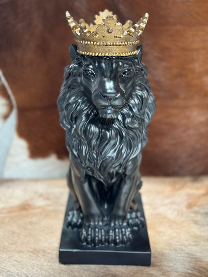 Lion Sculpture, Black Lion With Gold Crown Large