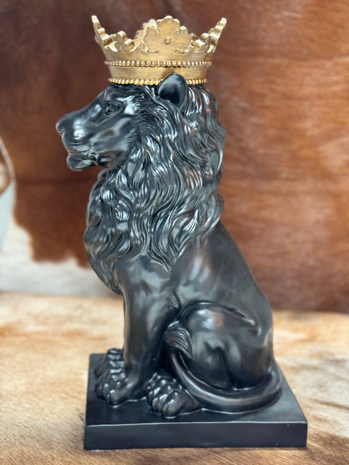 Lion Sculpture, Black Lion With Gold Crown Large