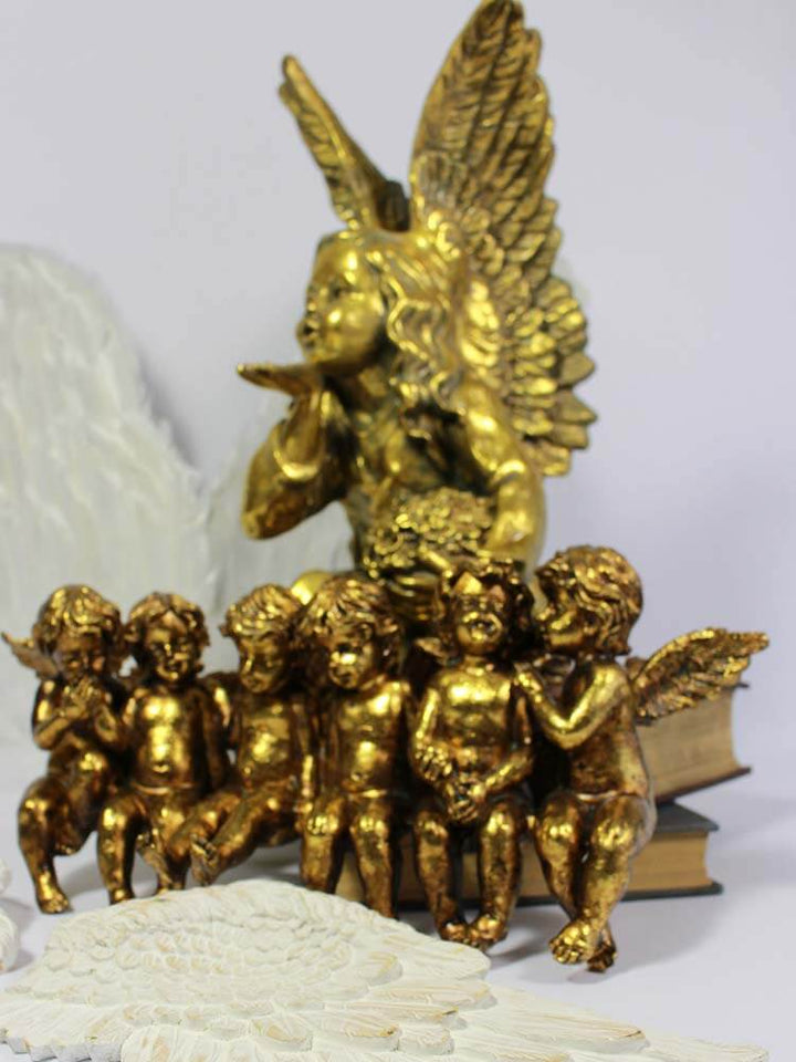gold angel statue, angel blowing kisses figurine, gold set of cherubs and angels 