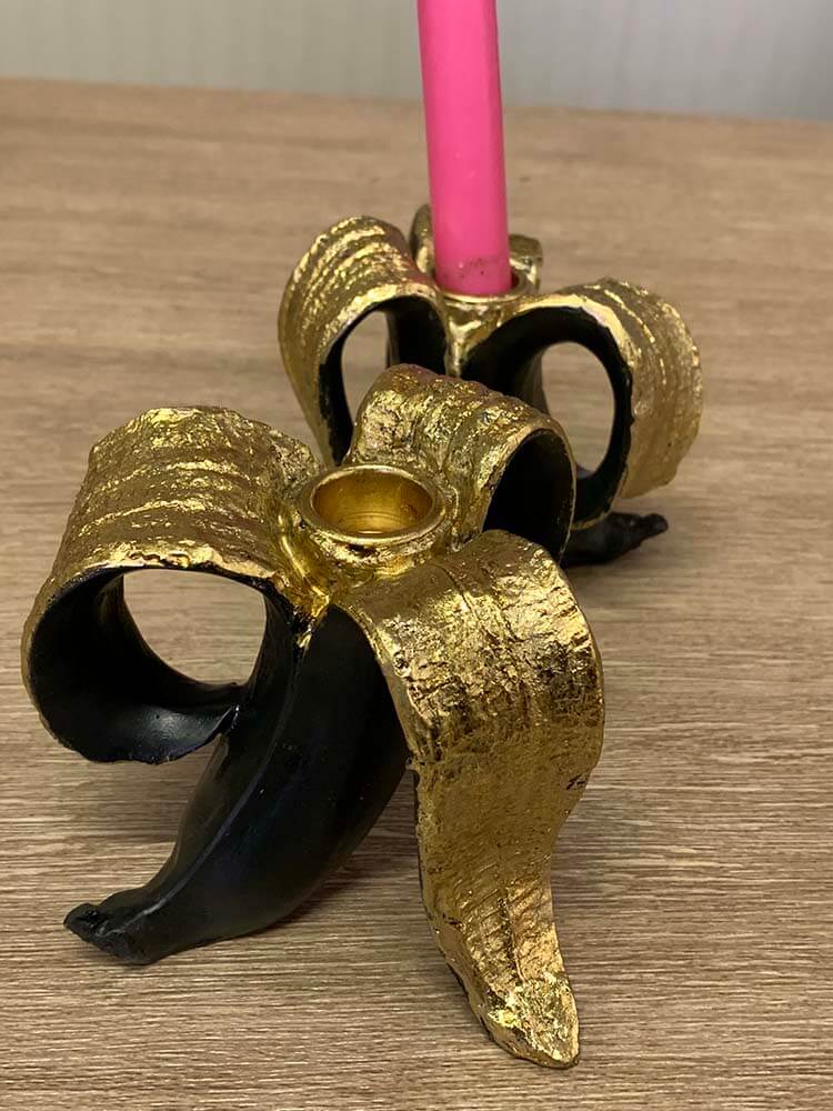 a quirky Black & Gold Banana Candlestick Holder, peeled banana decoration 