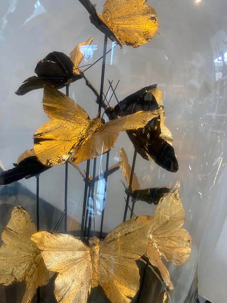 Black and gold butterflies glass dome