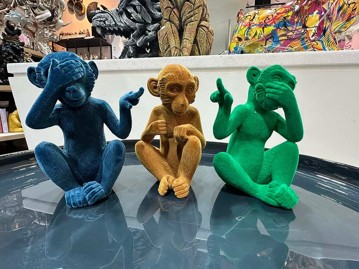 Three Bright Colour Velvet Monkey Figurines, Farting Monkeys