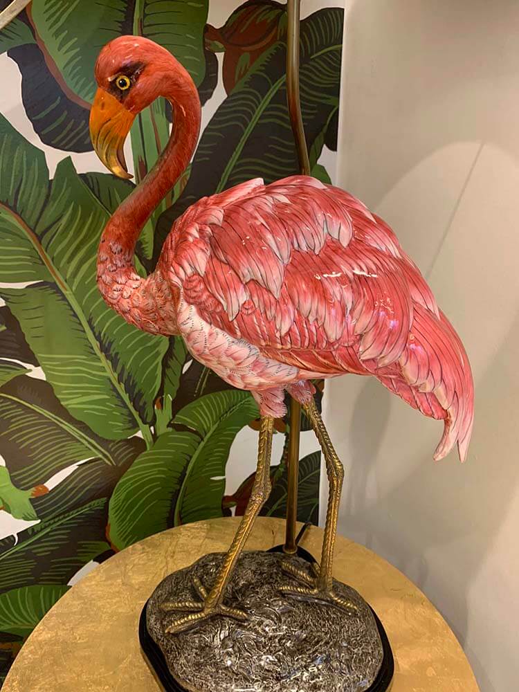 Flamingo Lamp, Large Pink Flamingo Porcelain Table Lamp and Shade, Porcelain table lamp with bronze details