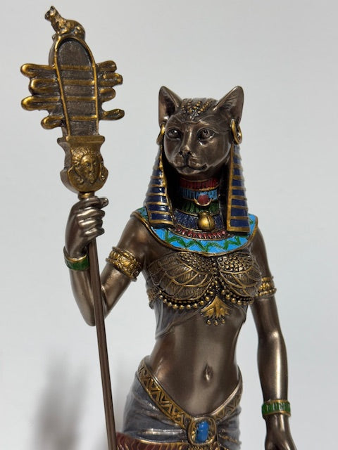 Egyptian Goddess Bastet Holding Sistrum and Ankh Sculpture