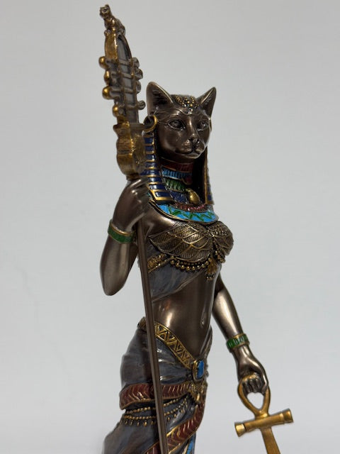 Egyptian Goddess Bastet Holding Sistrum and Ankh Sculpture