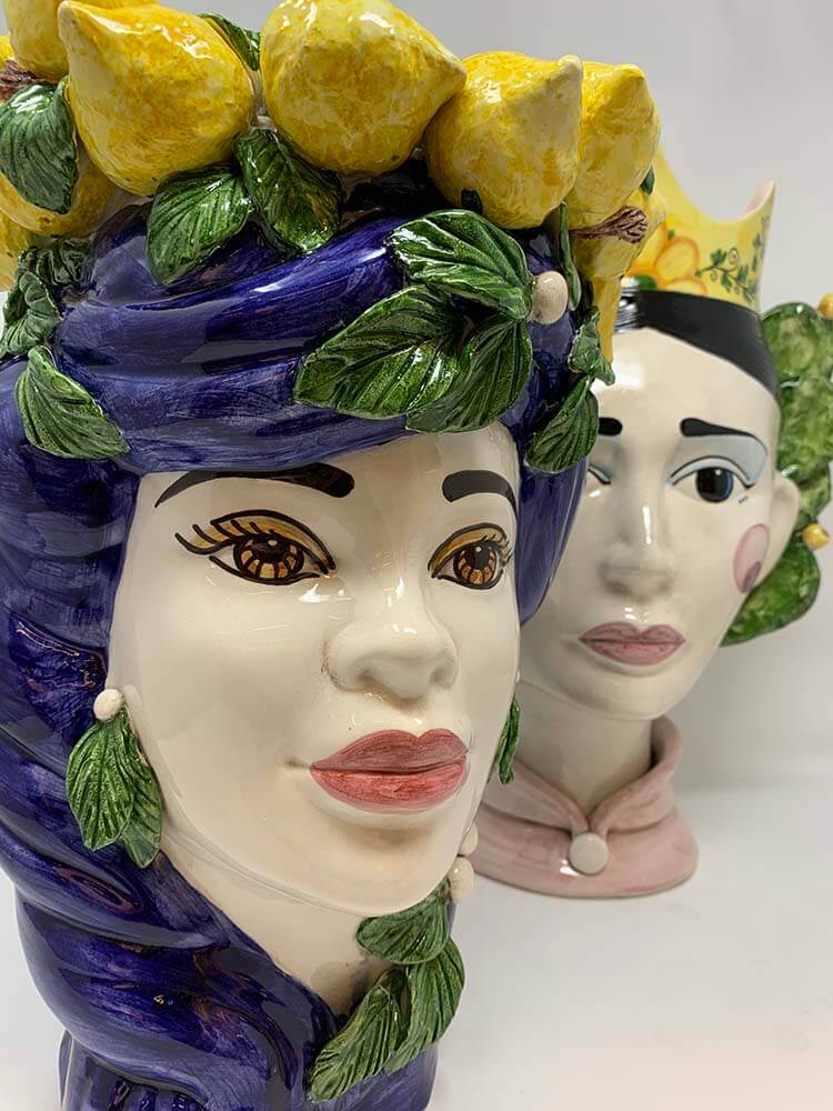 Sicilian Moro Heads, blue yellow lemon head vase, Lady face vase