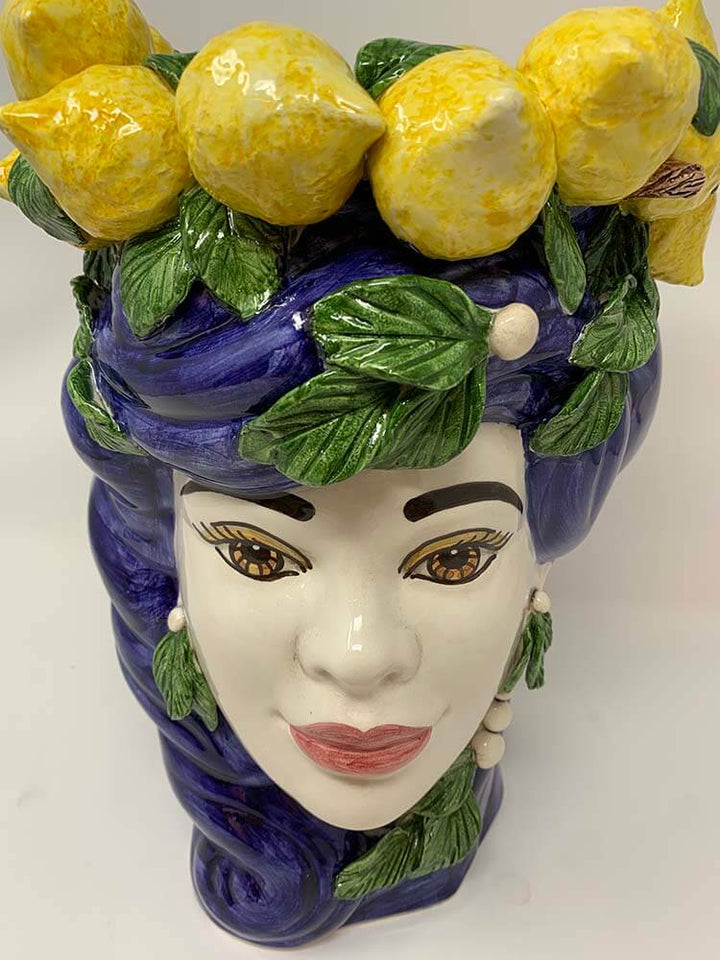 Sicilian Moro Heads, blue yellow lemon head vase 