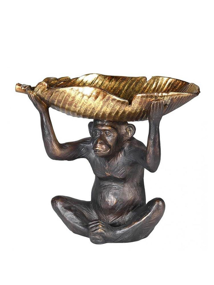 Black Monkey Holding Gold Banana Leaf Dish