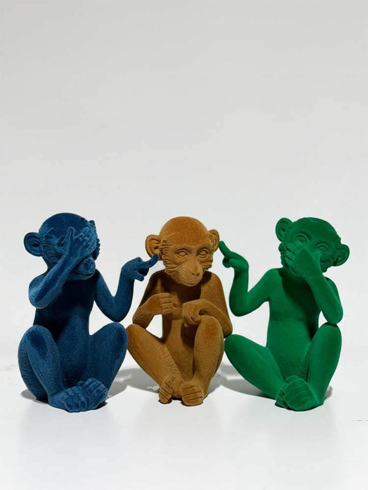 Monkey mimics, Three bright colour velvet monkey ornaments 