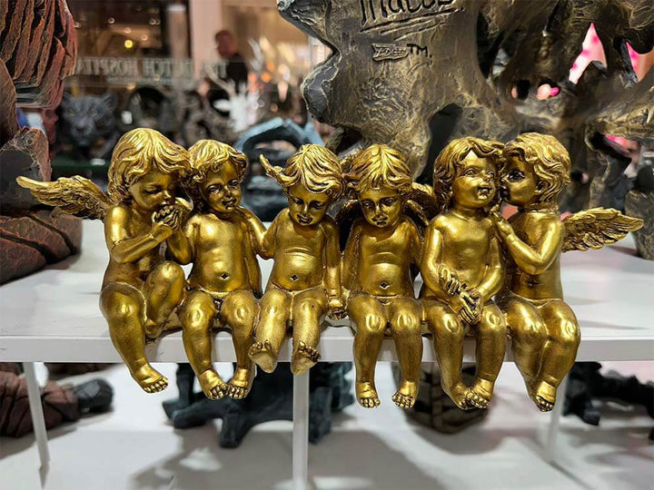 Large free-standing Cherub sculpture gold, Sitting Cherubs on shelving 