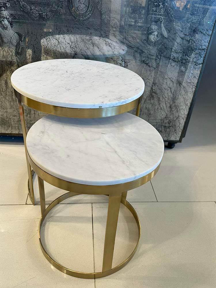 Bedroom side table pair, luxurious natural marble tops in white and gold tables 