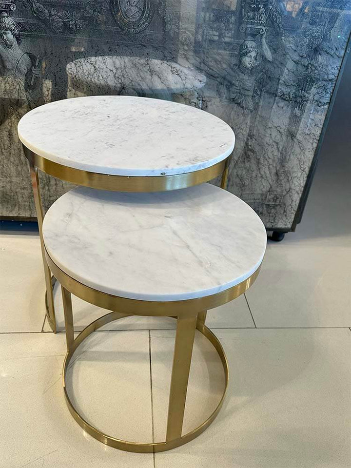 Bedroom side table pair, luxurious natural marble tops in white and gold tables 