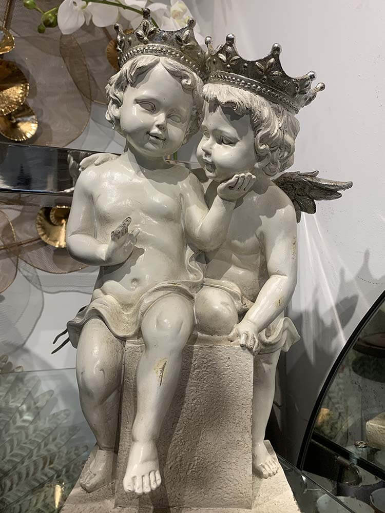 Two Young Angel Statue, Two White Cherubs, Angel Couple, Lovely Cherubs, Cherub Lovers with Crown and silver wings