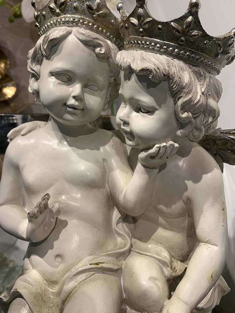 Two Young Angel Statue, Two White Cherubs, Angel Couple, Lovely Cherubs, Cherub Lovers with Crown and silver wings