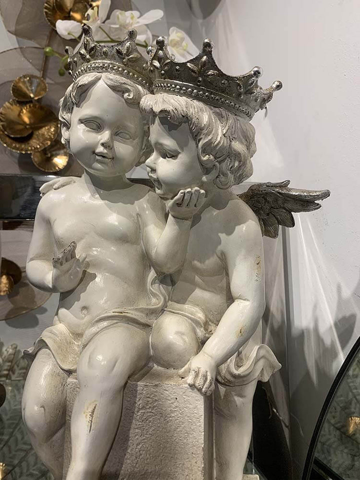 Two Young Angel Statue, Two White Cherubs, Angel Couple, Lovely Cherubs, Cherub Lovers with Crown and silver wings