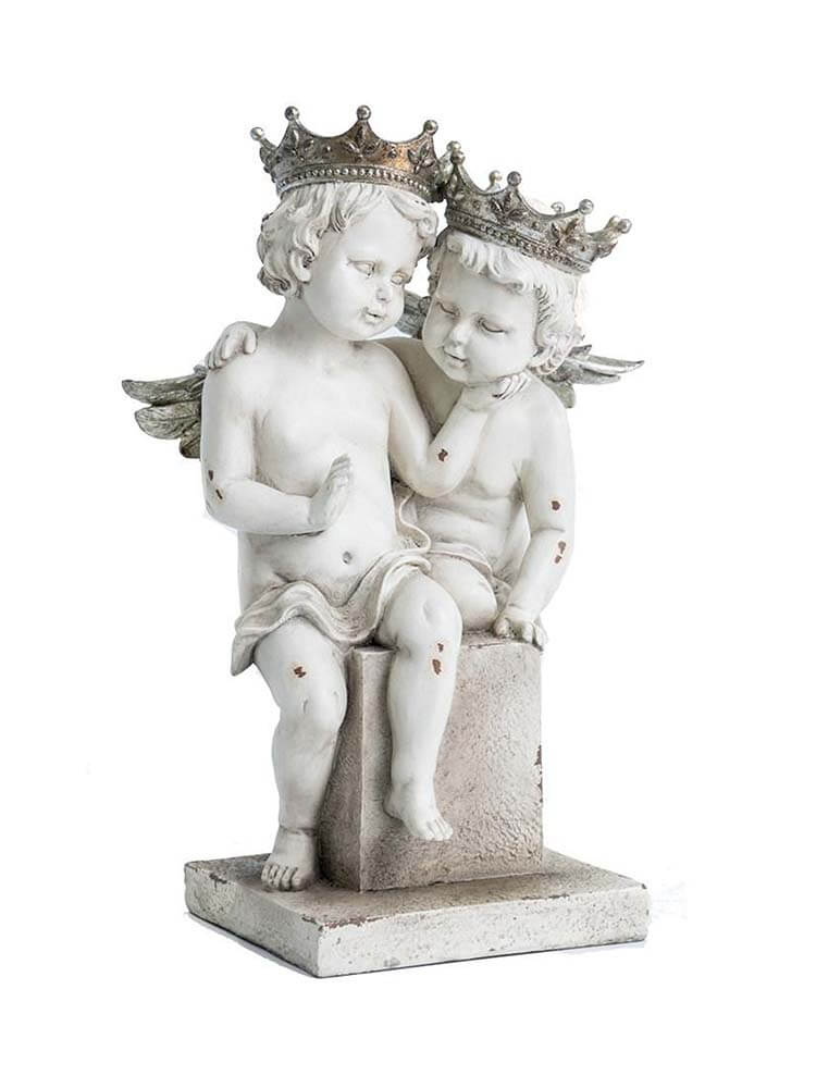 Two Young Angel Statue, Two White Cherubs, Angel Couple, Lovely Cherubs, Cherub Lovers with Crown and silver wings