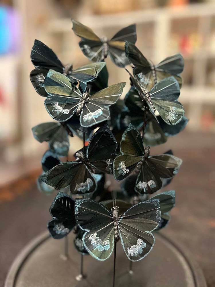 Stunning blue butterfly glass dome, Bright blue, black and touch of silver, artificial butterfly home decor, Butterfly dome