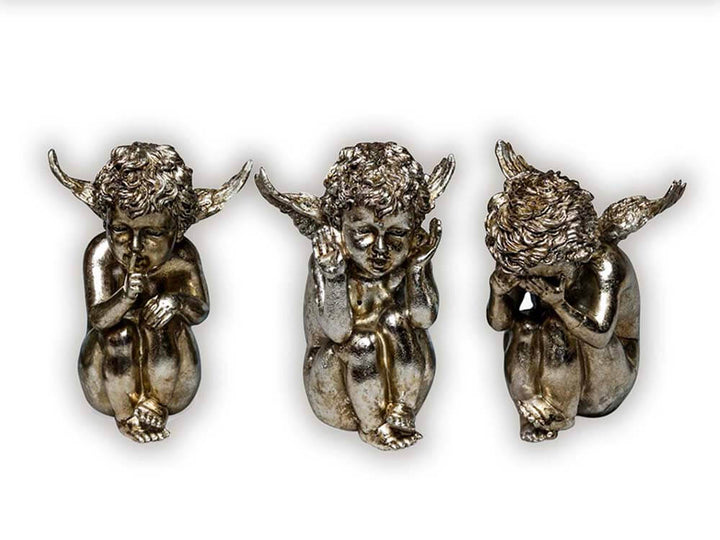 silver cherubs, Metallic silver plated sitting angels,  Wise cherubs set of 3 