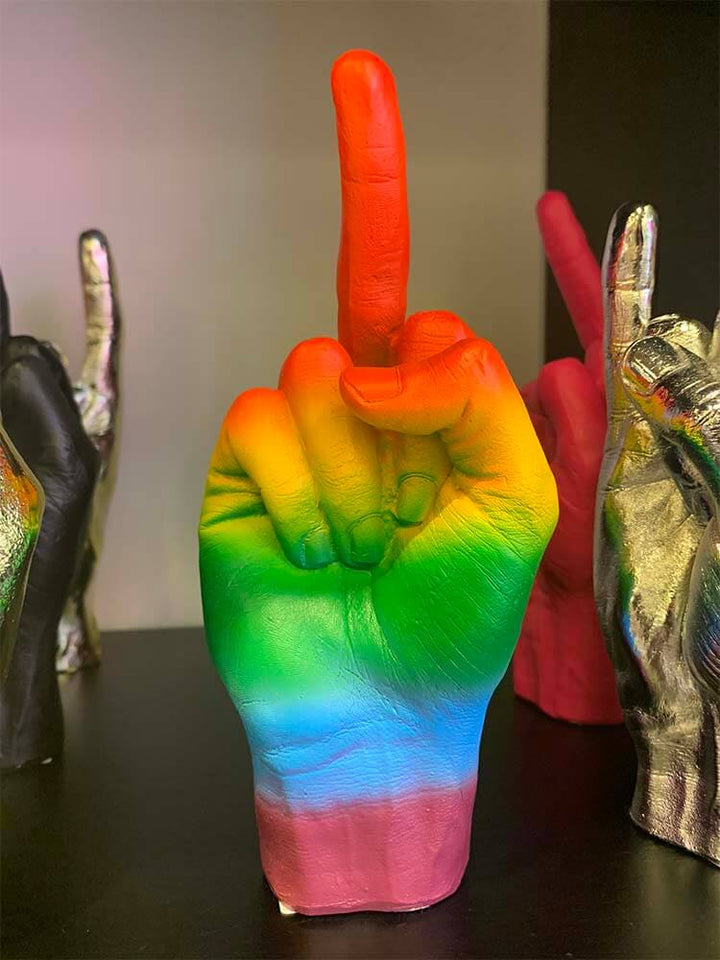 Fuck You Middle Finger hand symbol, Pride month gift ideas, rainbow colour hand gesture signs