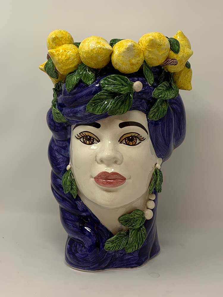 Sicilian Moro Heads, blue yellow lemon head vase, Lady face 